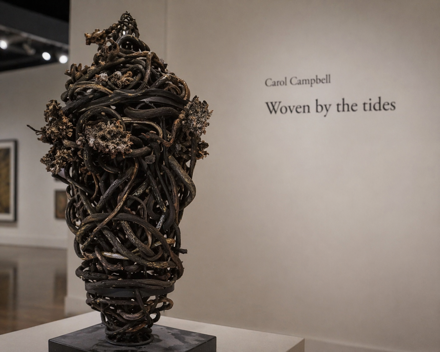 Woven by the Tides — tall kelp vessel sculpture by Carol Campbell