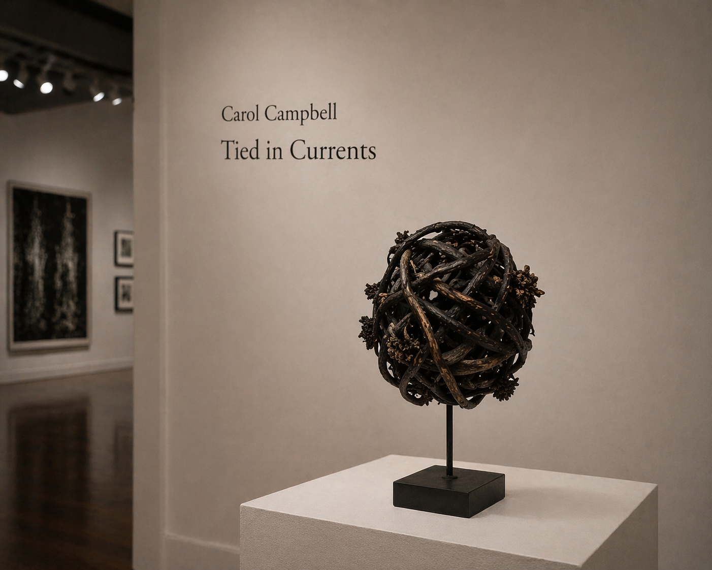 Tied in Currents — woven kelp sphere on iron pedestal by Carol Campbell